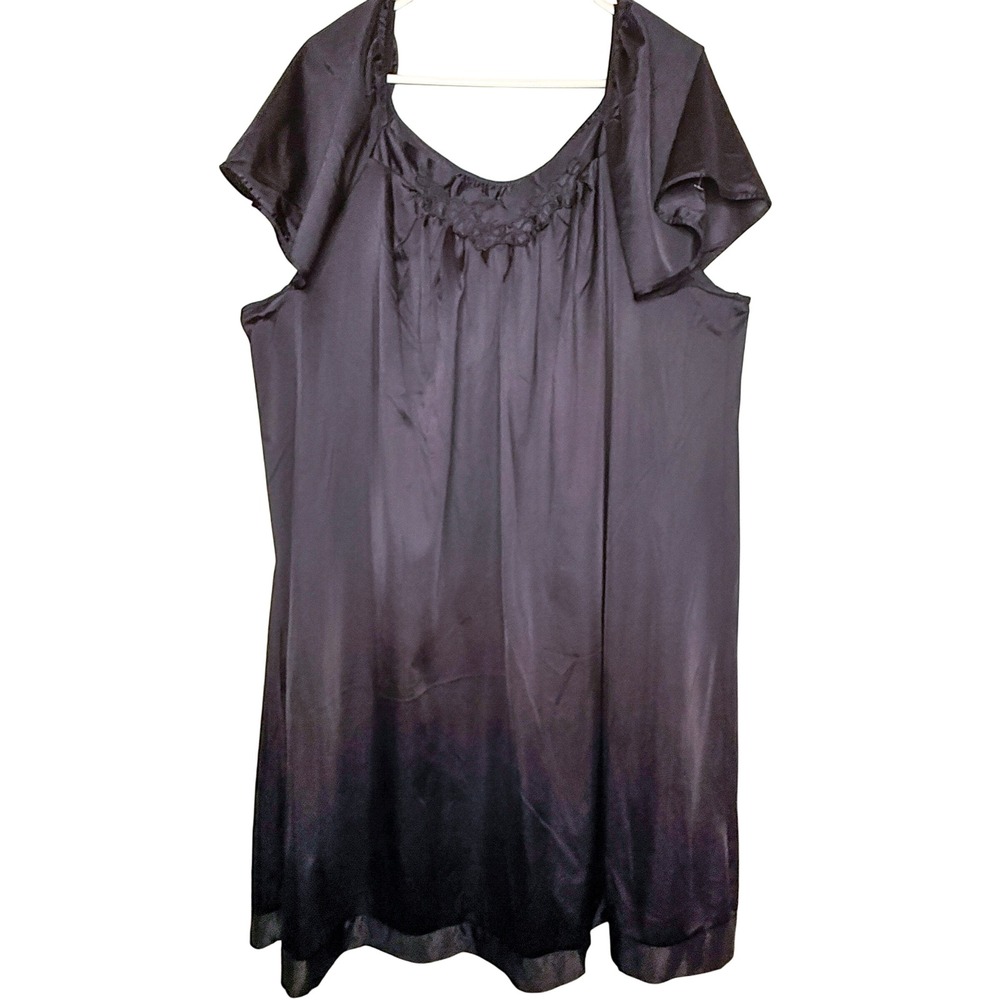 Vanity Fair 2X Black Satin Nightgown Plus Size Floral Applique Short Sleeve